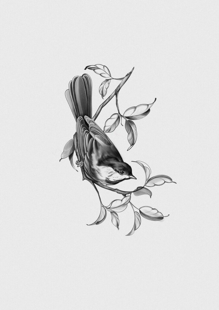 Fine line bird tattoo design featuring a small bird perched on a delicate branch with flowing leaves. A light and elegant black and grey tattoo concept created with precise linework and soft shading. Tattoo design by Olga Sankova (olga_sankova_tattoo).