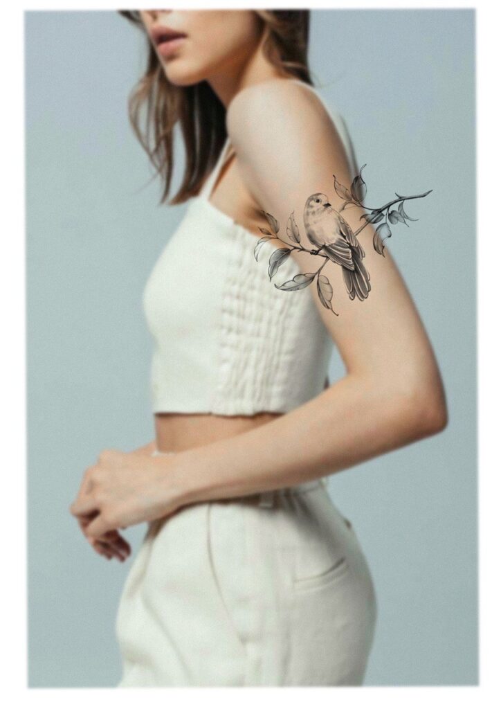 Fine line bird tattoo design placed on the upper arm, featuring a small bird resting on a delicate branch with soft leaves. An elegant black and grey tattoo concept emphasizing lightness, femininity, and natural flow. Tattoo design by Olga Sankova (olga_sankova_tattoo).