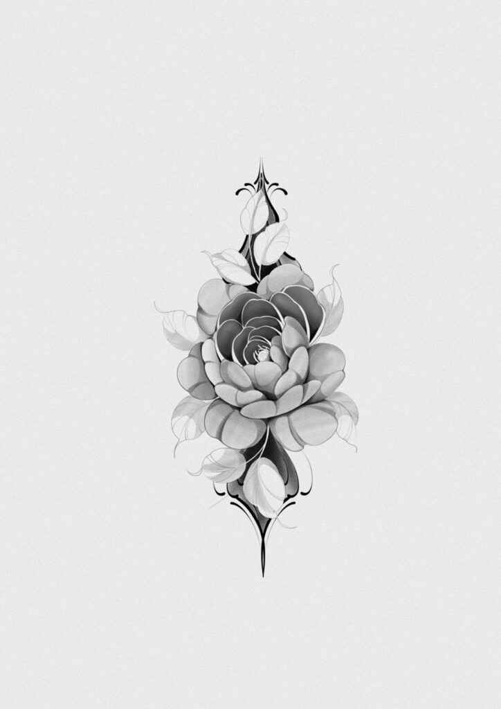 Fine line ornamental rose tattoo design with a symmetrical composition and softly layered petals. A refined black and grey floral tattoo concept combining elegance, balance, and delicate linework. Tattoo design by Olga Sankova (olga_sankova_tattoo)