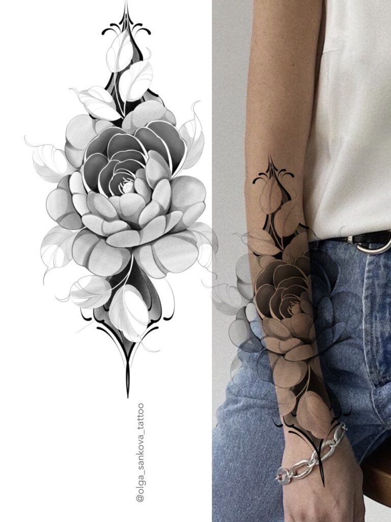 Fine line ornamental rose tattoo design with soft layered petals and elegant symmetrical elements. A refined black and grey floral tattoo concept created with a light, harmonious composition. Tattoo design by Olga Sankova (olga_sankova_tattoo).